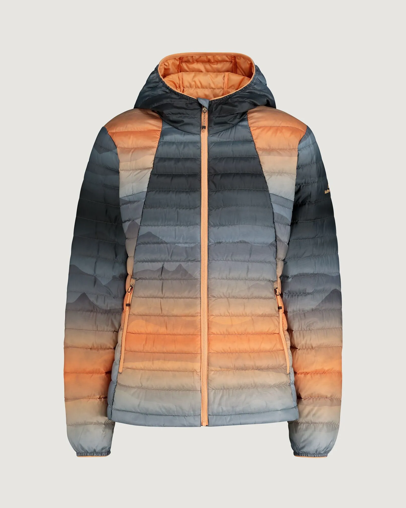 Women's Heli R Hooded Down Jacket - Lolly/Night Misty Mountains Print