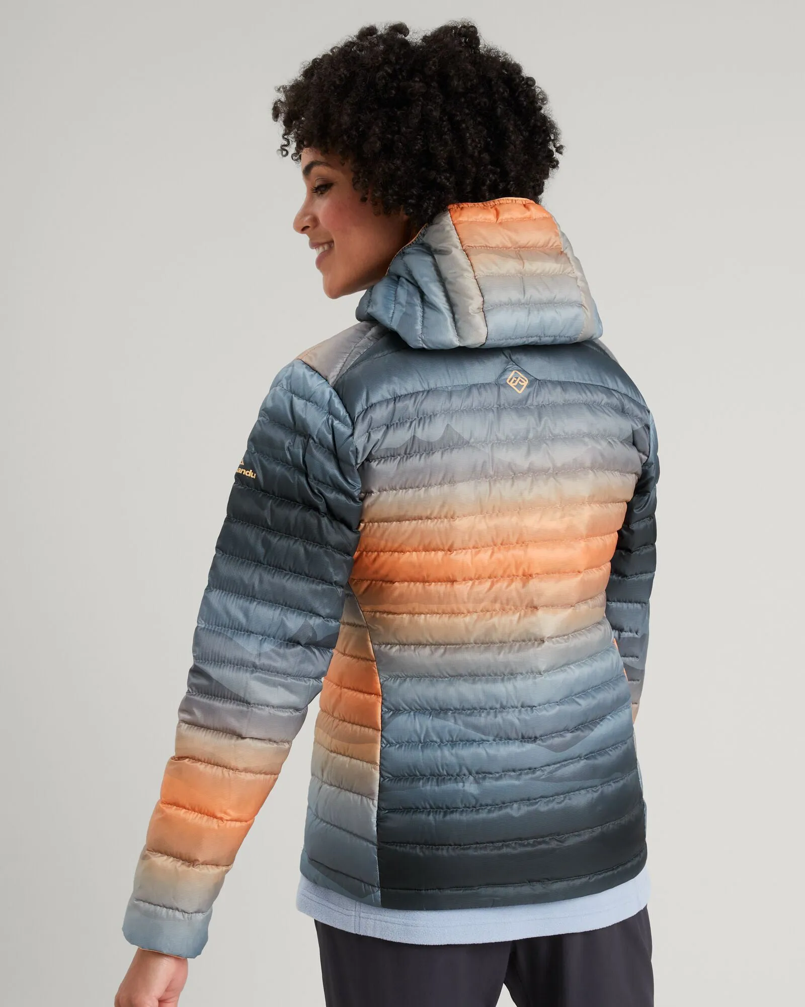 Women's Heli R Hooded Down Jacket - Lolly/Night Misty Mountains Print
