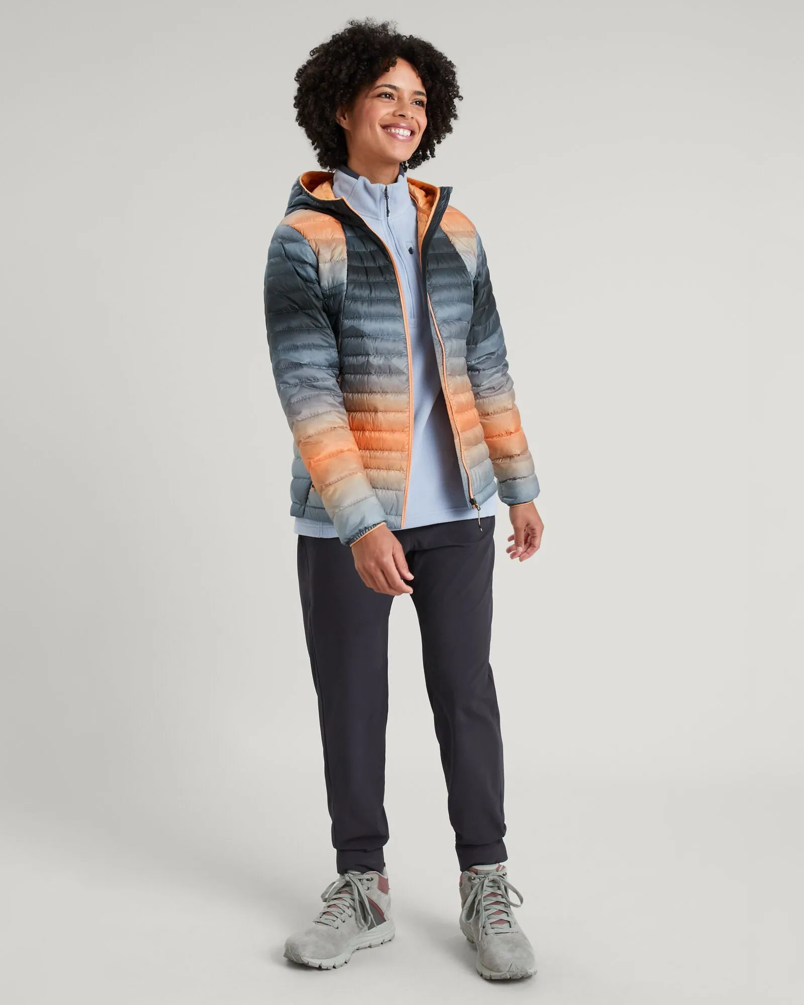 Women's Heli R Hooded Down Jacket - Lolly/Night Misty Mountains Print