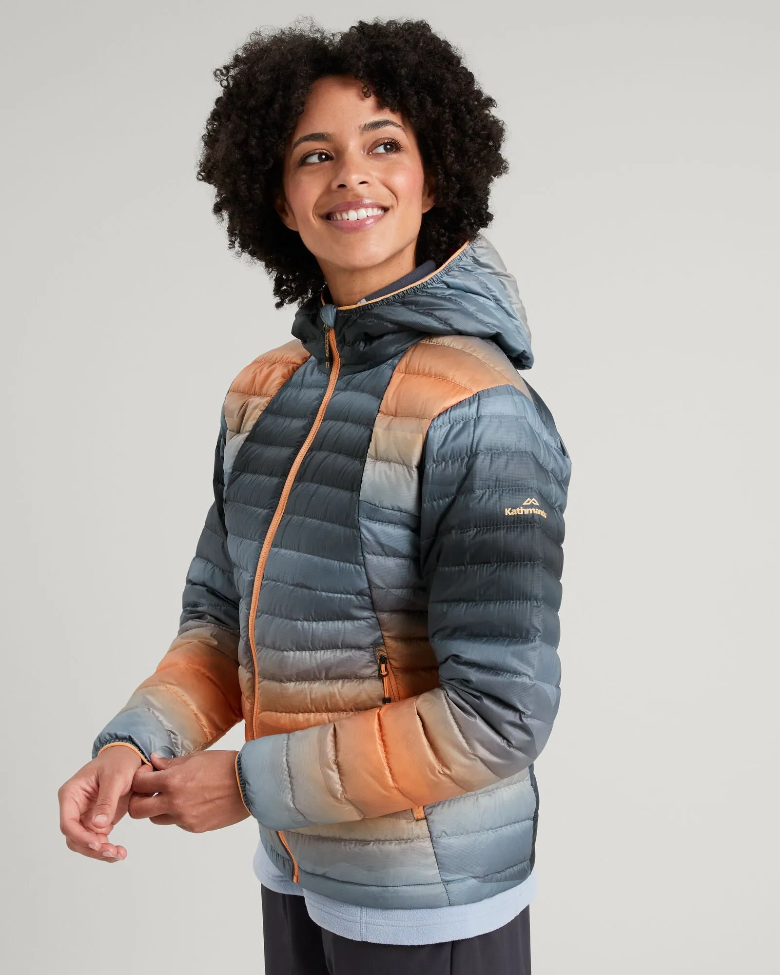 Women's Heli R Hooded Down Jacket - Lolly/Night Misty Mountains Print